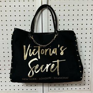 Victoria’s Secret Black Weekender Bag-Gold Lettering-Gold Chain-EUC